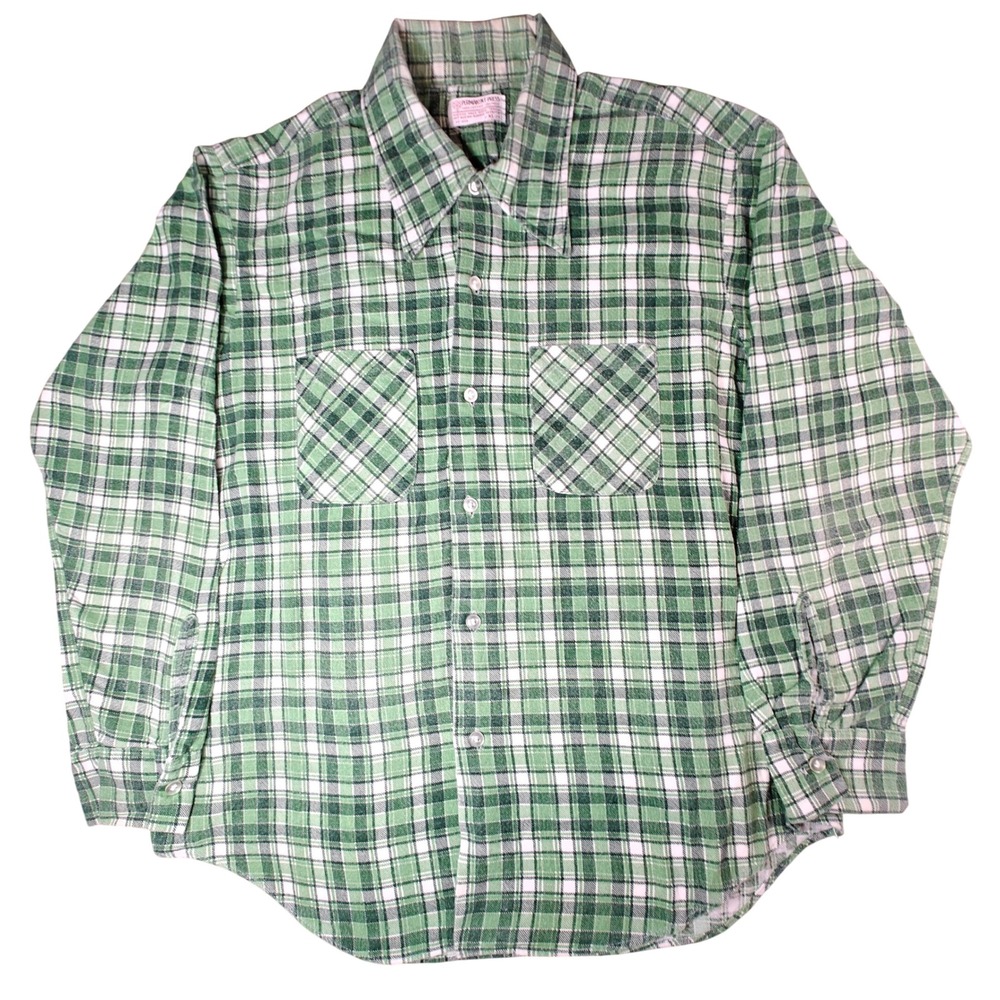 Vintage Permanent Press Green Plaid Flannel Shirt Mens XL 100% Cotton Workwear